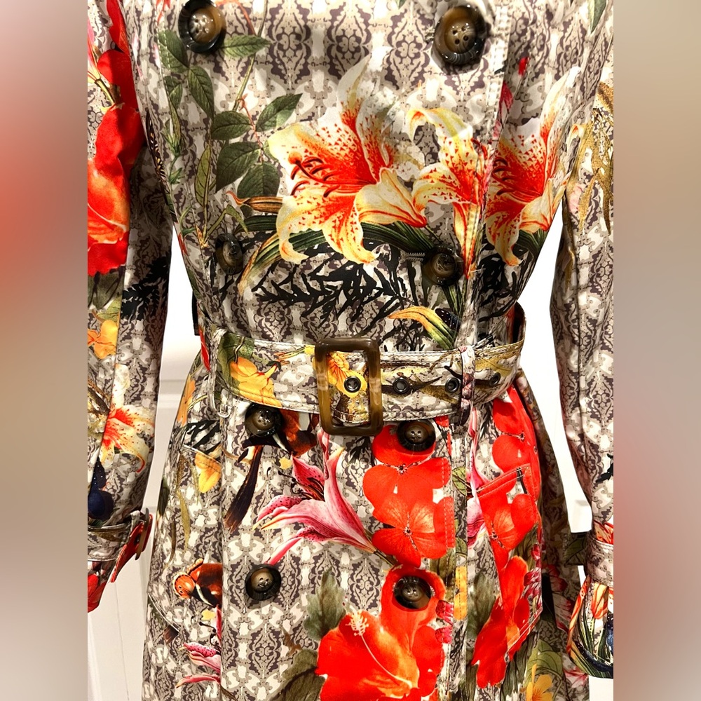 SPANNER Multicolor Floral Belted Trench Coat Size Small - Picture 4 of 12